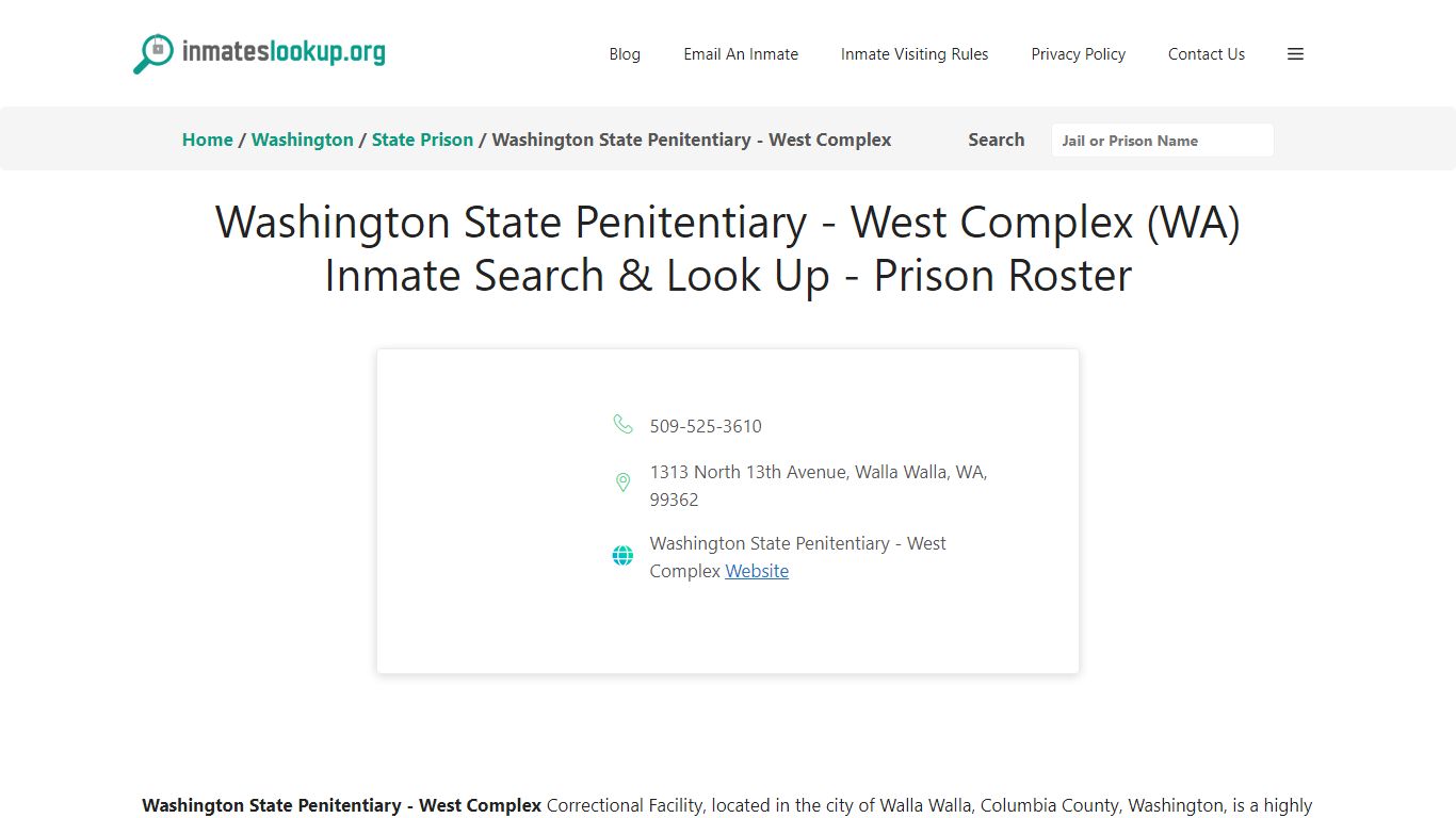 Washington State Penitentiary - West Complex (WA) Inmate Search & Look ...